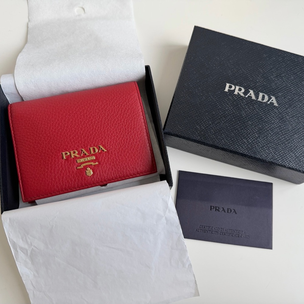 Prada Red Pebbled Leather Card Wallet with Gold Logo